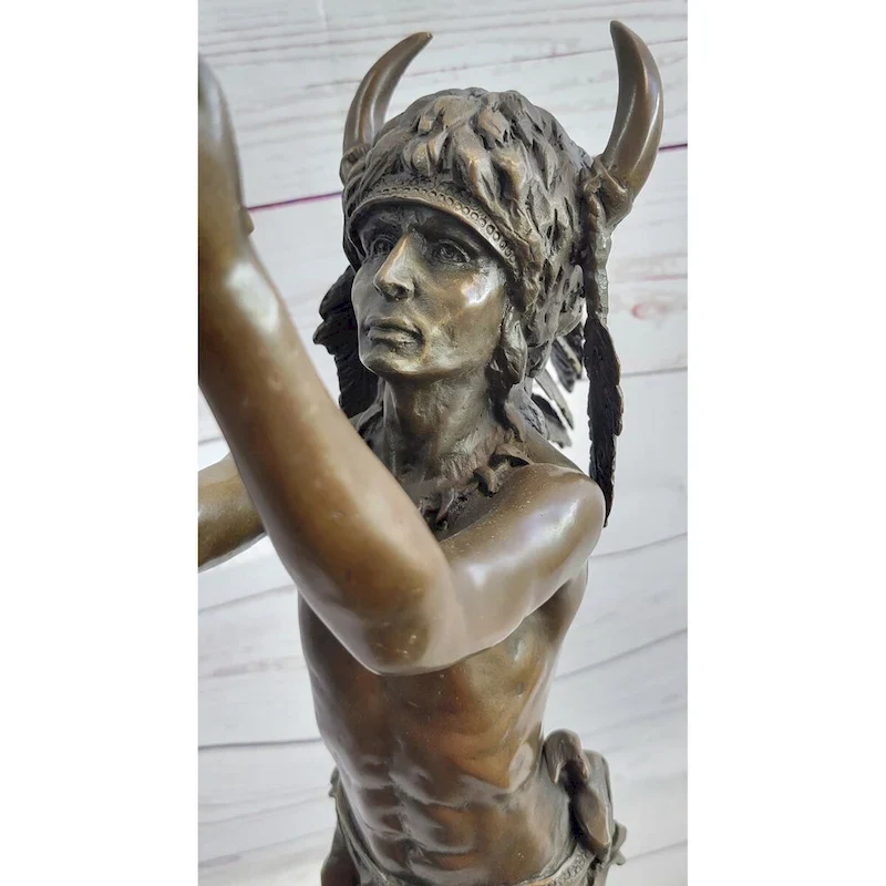 Native American Indian Shaman Medicine Man Holding Bison Skull Bronze Statue Sculpture 23 Inches X 11 Inches
