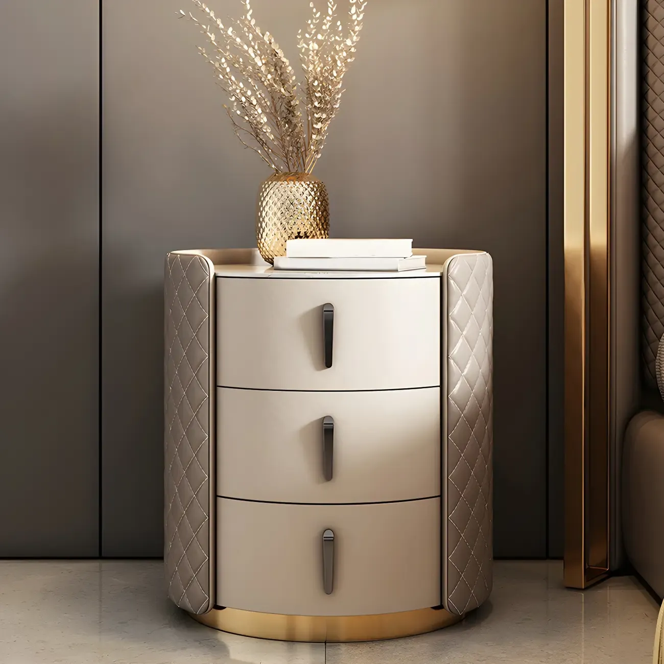 Modern Beige Faux Leather Nightstand with Drawers
