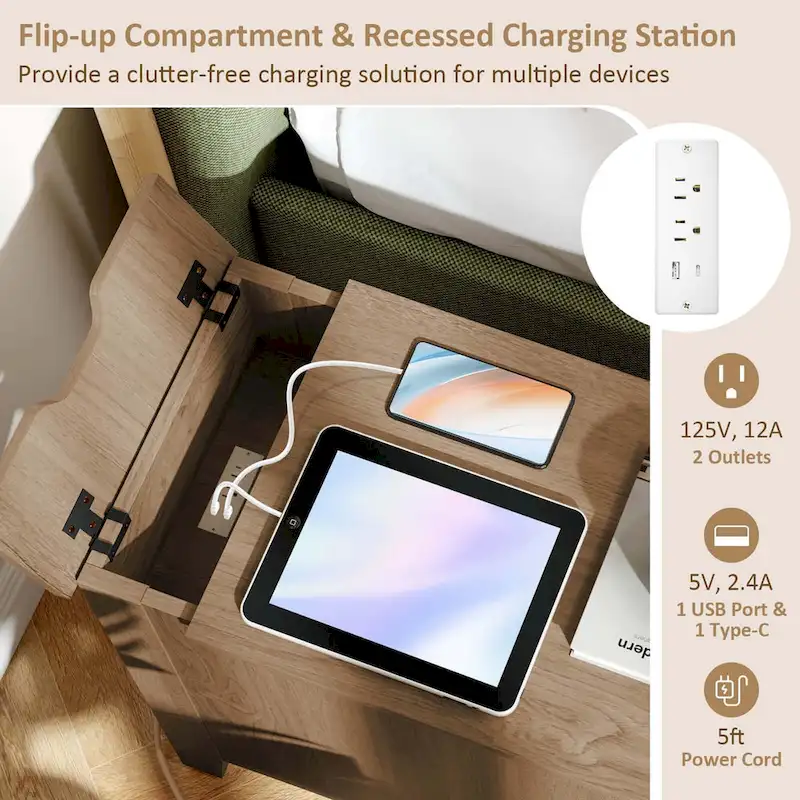 Costway 1/2 PCS End Table with Charging Station Flip Top Bedside Table
