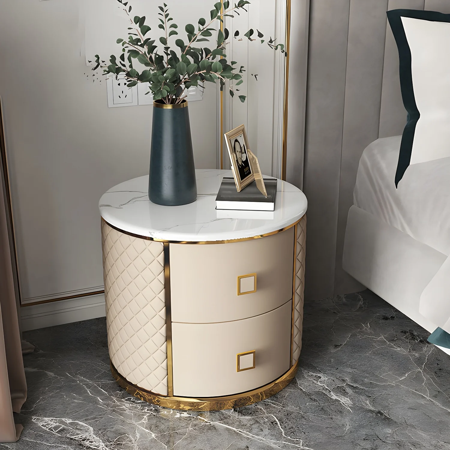 Glam Round Leather Nightstand with Marble Countertop 2 Drawers