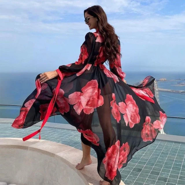 Leaves Print Bikini Beach Cover up Tunics for Beach Long Kaftan Bikini Cover up Robe de Plage Sarong Beach Swimsuit cover-ups - Deanwangkt