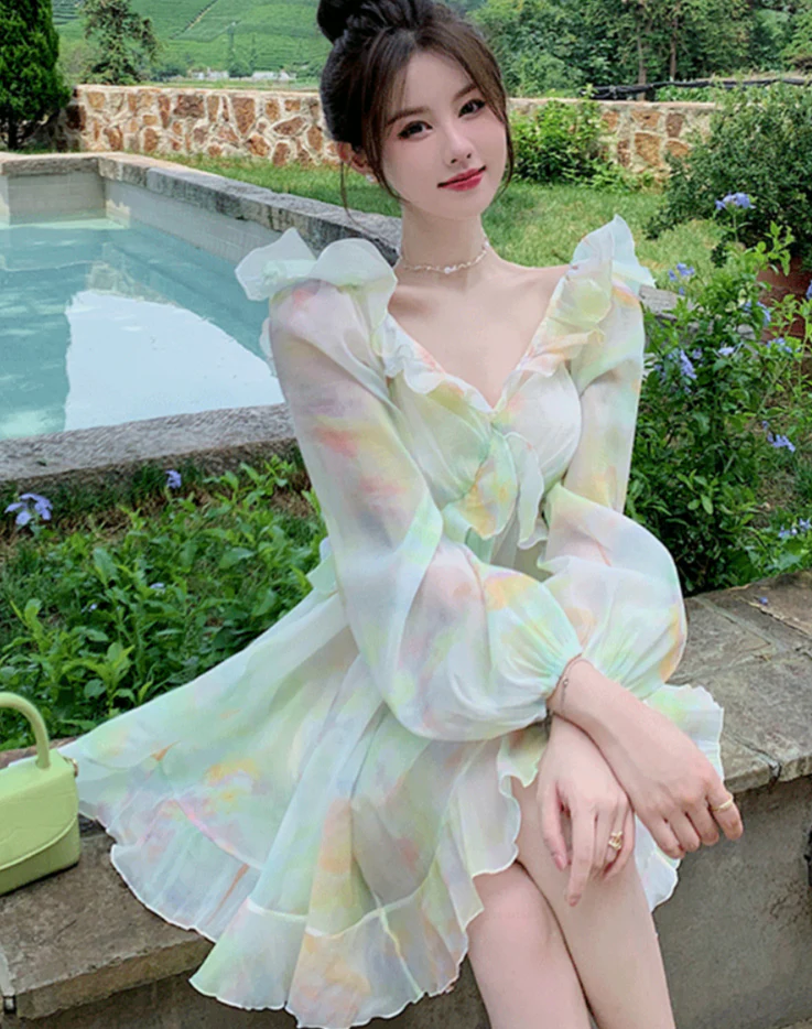 Hulianfu France Sweet Tie-dyed Fairy Dress Women Elegant Chic Ruffles V-Neck Long Sleeve Princess Dresses Female Casual Beach Vestidos - Deanwangkt