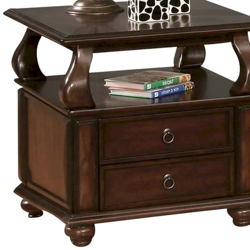 HomeRoots 26 Brown Solid Wood Square End Table With Two Drawers And Shelf - 26' X '26' X '28