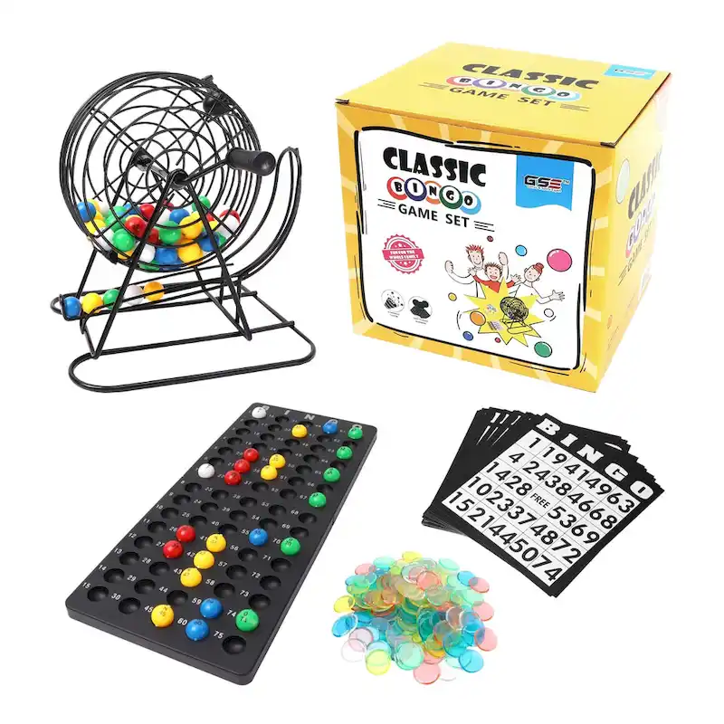 GSE Classic Bingo Game Set for Kids & Adults, Family - Roller Cage and Board, 75 Bingo Balls, 150 Bingo Chips, 18 Bingo Cards