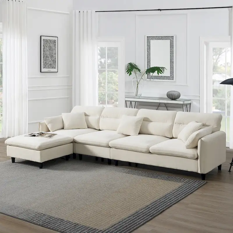 110 Modern L-Shaped Convertible 5-Seat Sectional Sofa with Removable Ottoman and 5 Cushions, Plush Chenille Fabric