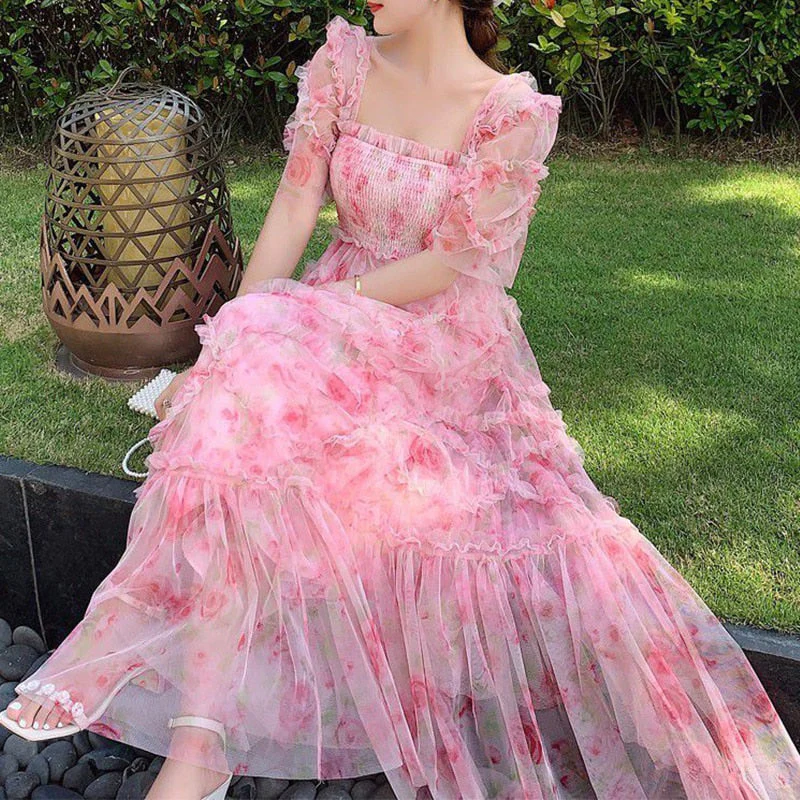 New French Floral Pink Square Collar Slim Fairy Dress Aestethic Summer Party Beach Dress Elegant Long Dresses Woman Clothes - Deanwangkt