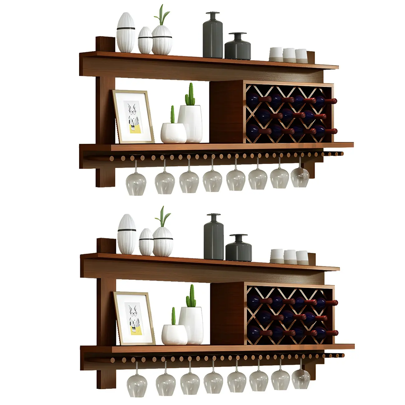 Pine Wooden Wall-Mounted Display Open Wine Bottle & Glass Rack