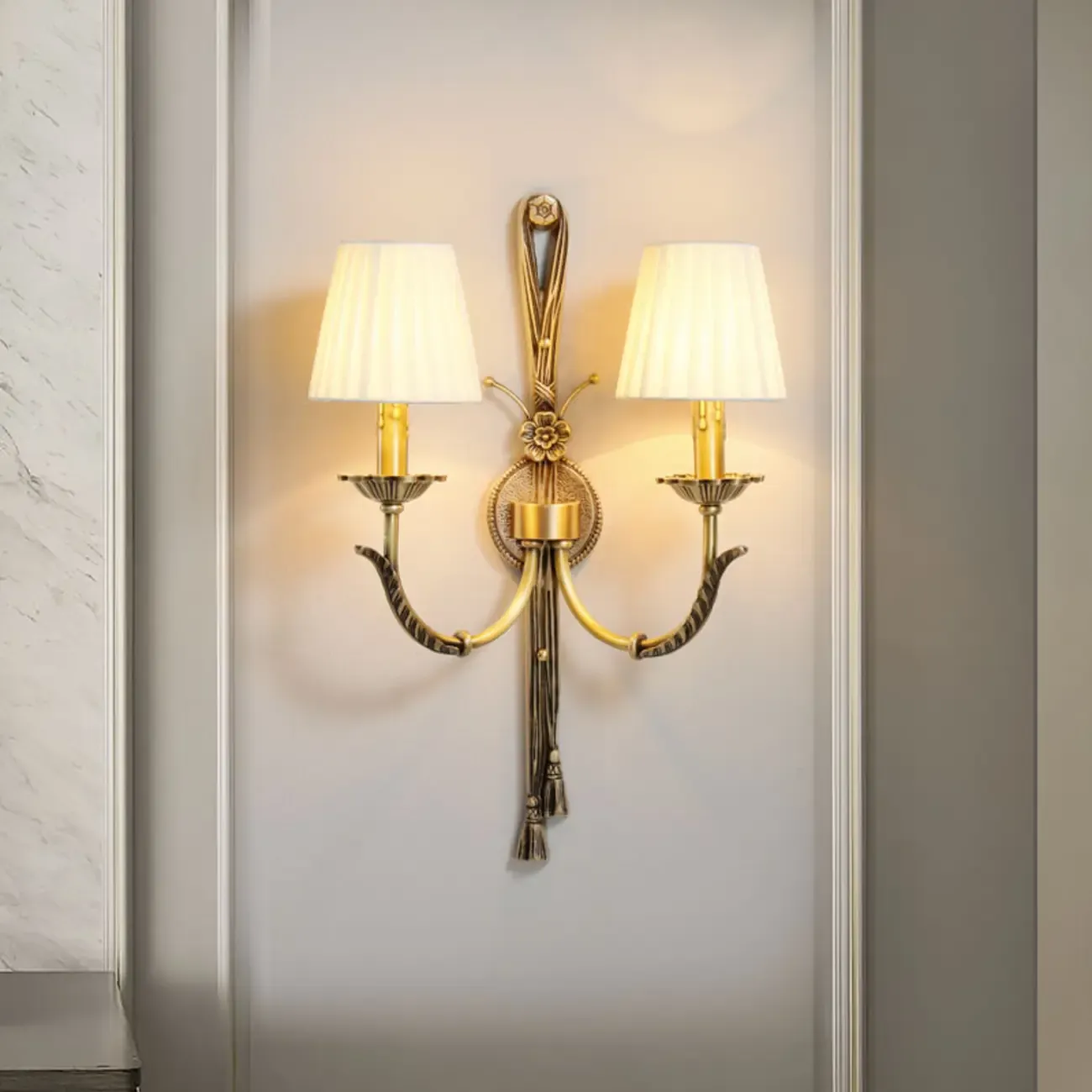 Geometric Vintage Dual Arm Brass Fabric Wall Sconce for Indoor