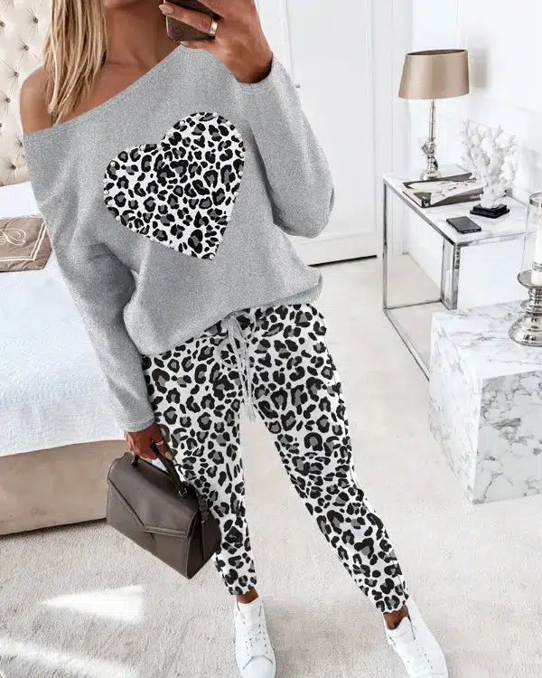 Grey Leopard Print Long Sleeve Two Piece Set
