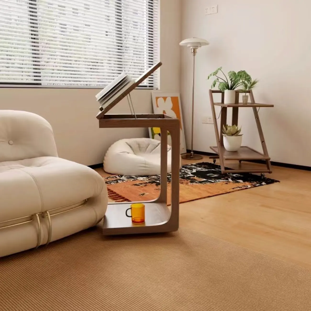 Scandinavian Wooden Flip-Top C-Shaped Side Table with Wheels