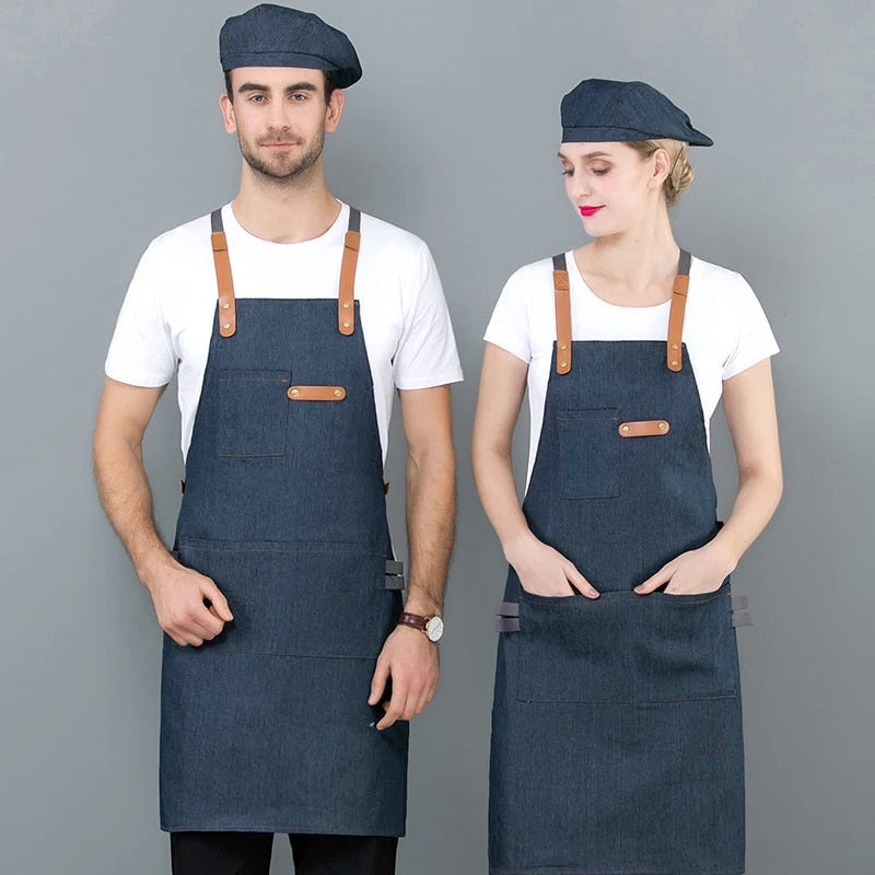 HULIANFU Long Apron Denim Restaurant Hotel Waist Chef Apron Bar Pub Kitchen Waiter Waitress Cook Apron Universal Cooking Hat Caps 56-58cm - Deanwangkt