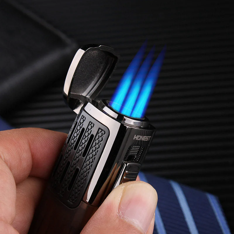 HULIANFU Metal Windproof Spray Gun Gas Lighter Smoking Four FlamesTorch 1300 C Multifunction Cigar Butane Lighters With Cigar Cutter - Deanwangkt