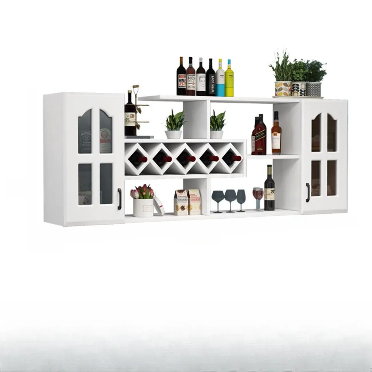 Wooden Wall-Fixed Bottle Holder Rack with Glass Holder Shelf