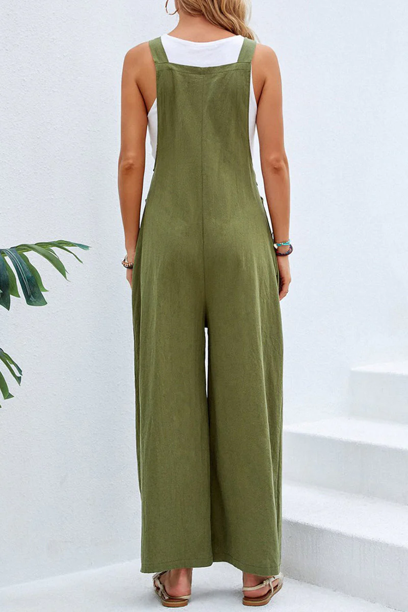 hulianfu Casual Vacation Solid Buttons Square Collar Loose Jumpsuits(10 Colors) - Deanwangkt