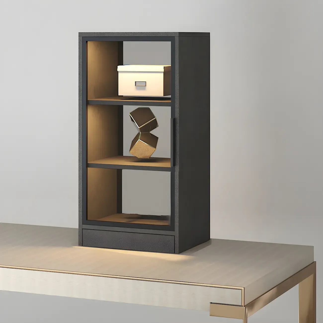 Square 2-Shelf Black Wooden Display Cabinet with Light