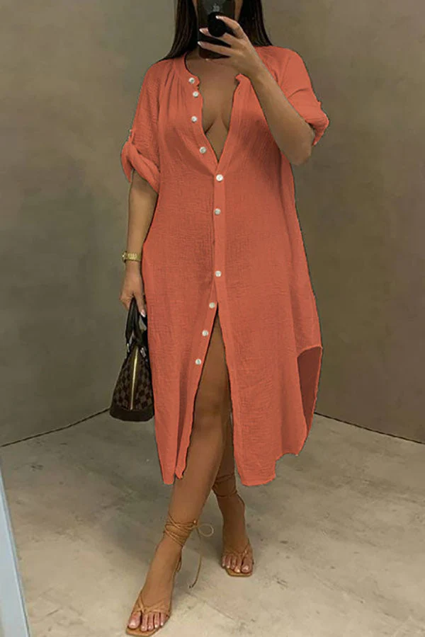 hulianfu Solid Color Casual Single Breasted Midi Dress - Deanwangkt