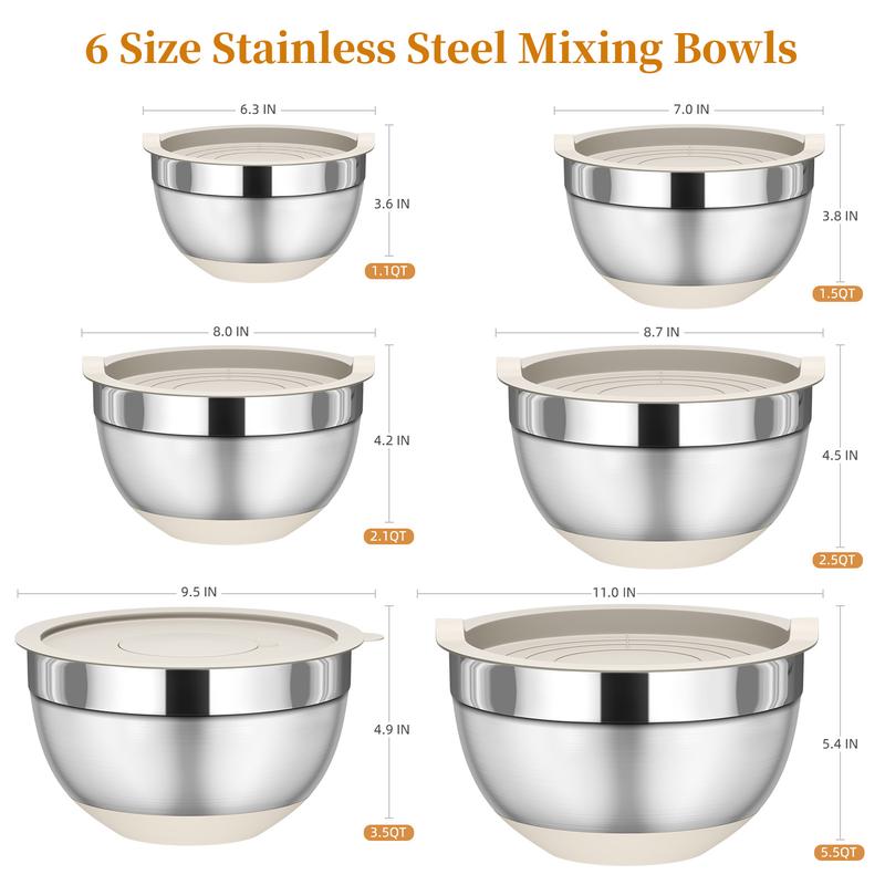 6 Piece Mixing Bowls with Lids Set, Stainless Steel Nesting Storage Bowls for Kitchen, with 3 Grater Attachments & Non-Slip Bottoms, Size 5.5,3.5,2.5,2.1,1.5,1.1 QT  Home Tableware