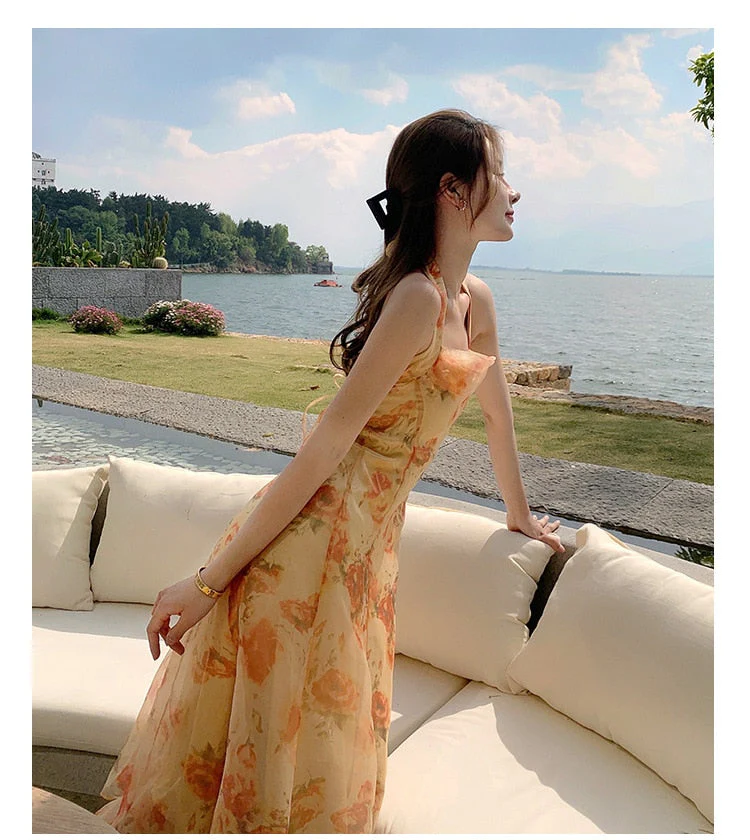 Hulianfu French Vintage Dress Women Elegant Backless Floral Halter Neck Midi Dress Summer Chiffon Holiday Beach Dresses for Women - Deanwangkt