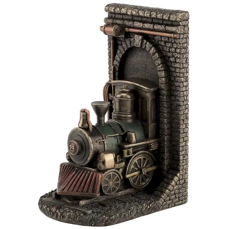 Veronese Design 8.1 H Steampunk Locomotive Out Of Tunnel Bookend (Mbz+Color) Cold Cast Bronze