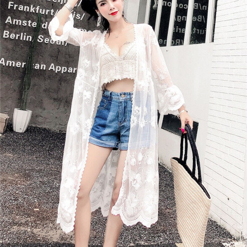 Hulianfu Women Blouse Sun Protection Outerwear Fashion Long Flare Sleeve Mesh Embroidery Thin Loose Party Holiday Maiden Outerwear Sexy - Deanwangkt