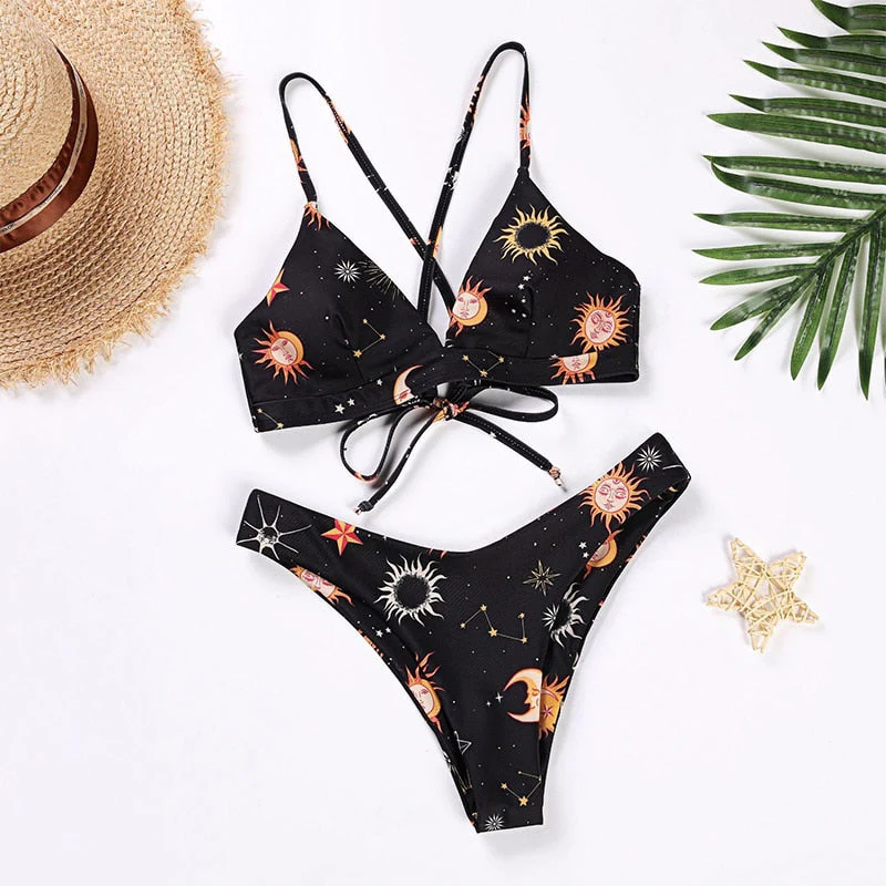 Women's Swimwear Push Up Bandeau Bikini Low Waist Beachwear Two-Piece Separates Printed Bikini Set Sexy Exotic Swimsuit - Deanwangkt