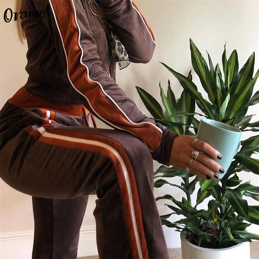 Hulianfu Letter Print Velvet Tracksuit Women 2 Piece Sets Fashion Outfits Female Zipper Sport Activitywear Suits Leisure Streetwear Moda - Deanwangkt