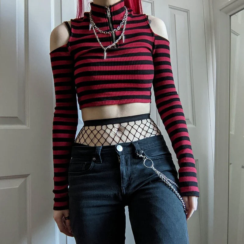Hulianfu Gothic Mall Goth Striped Print T-shirt Hollow Out Slim Fit Turtleneck Crop Top E-girl Harajuku Grunge Emo Alt Tees Women Clothes - Deanwangkt