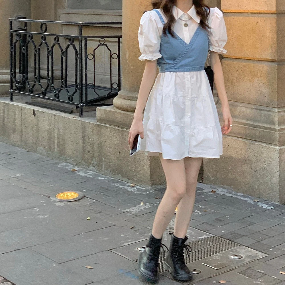 2 Piece Set Women Summer High Waist Dress Denim Camisole + Mini Dress Elegant Puff Sleeve A-line Dress Vintage Slim Dresses - Deanwangkt