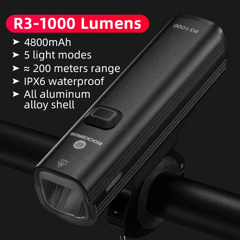 HULIANFU ROCKBROS 1000LM Bike Light Front Lamp USB Rechargeable LED 4800mAh Bicycle Light Waterproof Headlight Bike Accessories - Deanwangkt