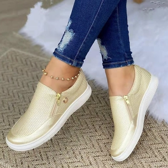 Women's Sneakers Plus Size Slip-on Sneakers White Shoes Outdoor Daily Flat Heel Round Toe Basic Casual Minimalism Walking Shoes Mesh Zipper Solid Color Black White Gold - Deanwangkt