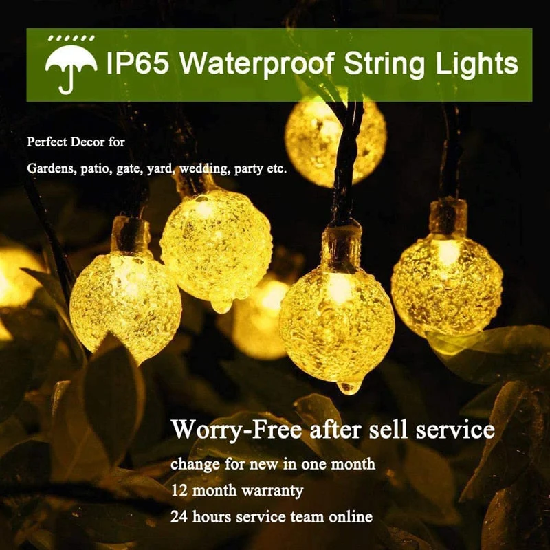 HULIANFU Solar String Lights Outdoor 60 Led Crystal Globe Lights with 8 Modes Waterproof Solar Powered Patio Light for Garden Party Decor - Deanwangkt