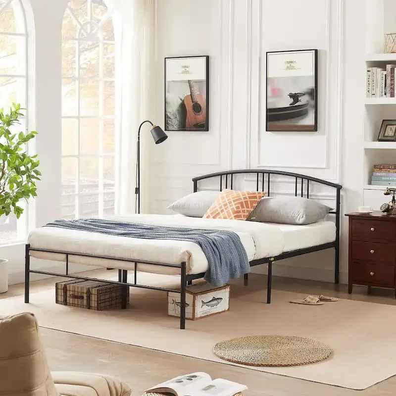 Modern Metal Bed Frames with Curved Headboard, No Box Spring Needed, Black