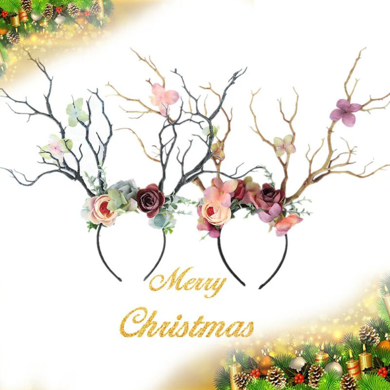 HULIANFU 2026  Christmas Headband Antlers Deer Horns Fairy Tale Flower Tree Branch Retro Hair Hoop Crown Festival Party Props Xmas Costume - Deanwangkt