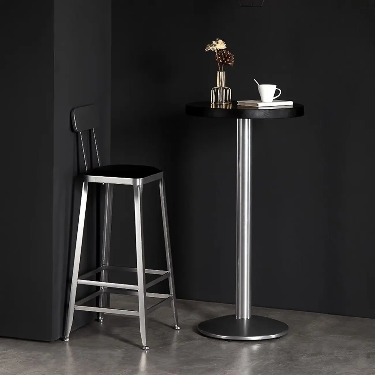 Modern Black Round Wooden Silver Metal Pedestal Bar Tables