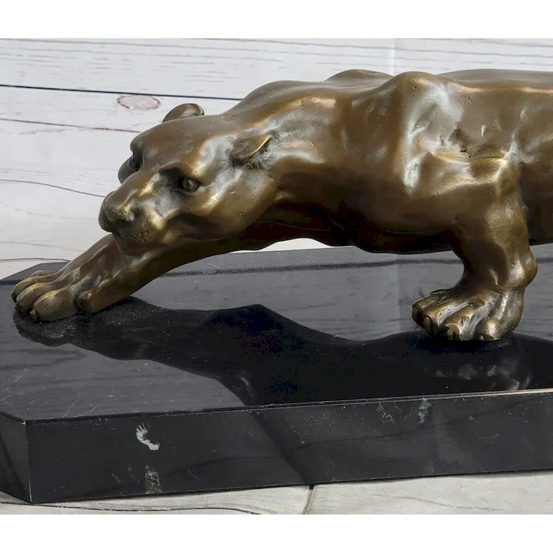 Cougar Puma Panther Mountain Lion Bronze Sculpture Statue On Marble Base
