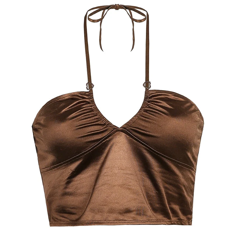 HEYounGIRL Sexy Strappy Brown Y2K Halter Crop Top Women Summer Backless Cami Tops Tees Ladies Fashion Fitness Camisole Party - Deanwangkt