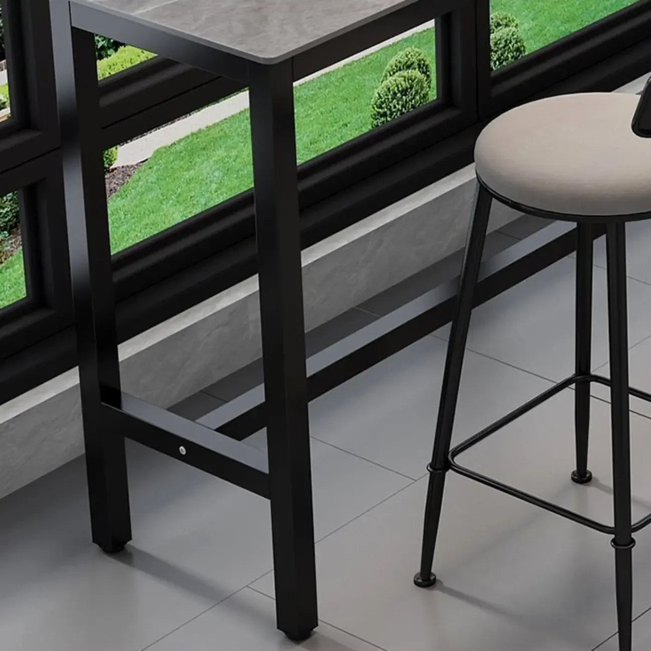 Modern Grey Stone Top Bar Height Table with Trestle Base