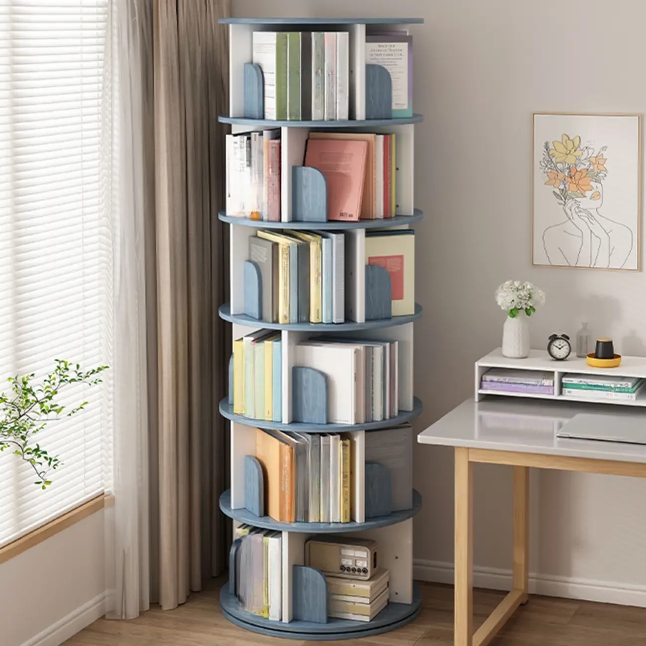 Brown Cylindrical Wooden Rotating Open-Back Bookcase