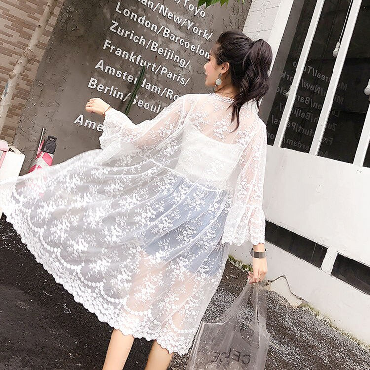 Hulianfu Women Blouse Sun Protection Outerwear Fashion Long Flare Sleeve Mesh Embroidery Thin Loose Party Holiday Maiden Outerwear Sexy - Deanwangkt