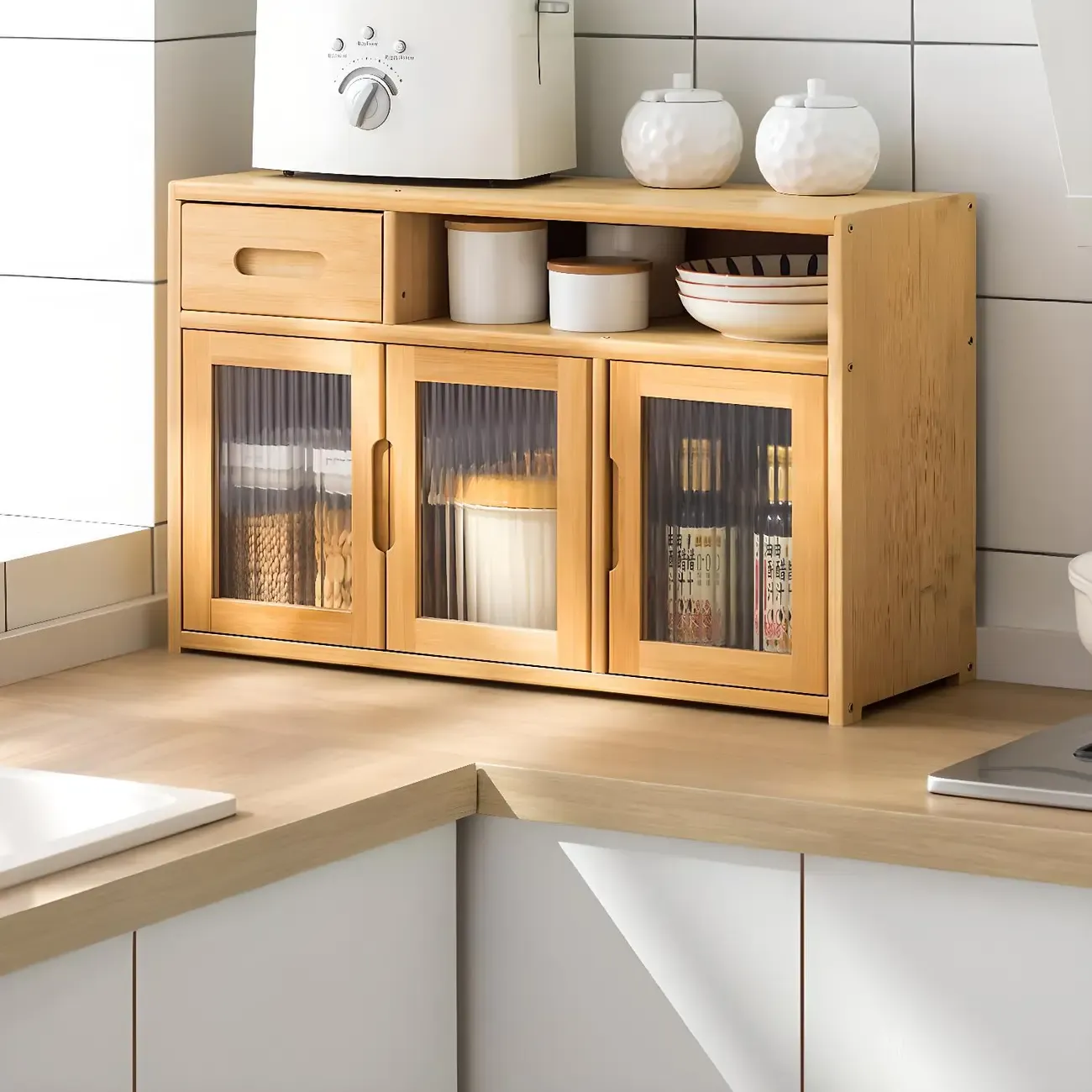 Modern Bamboo Display Cabinet with Acrylic Doors