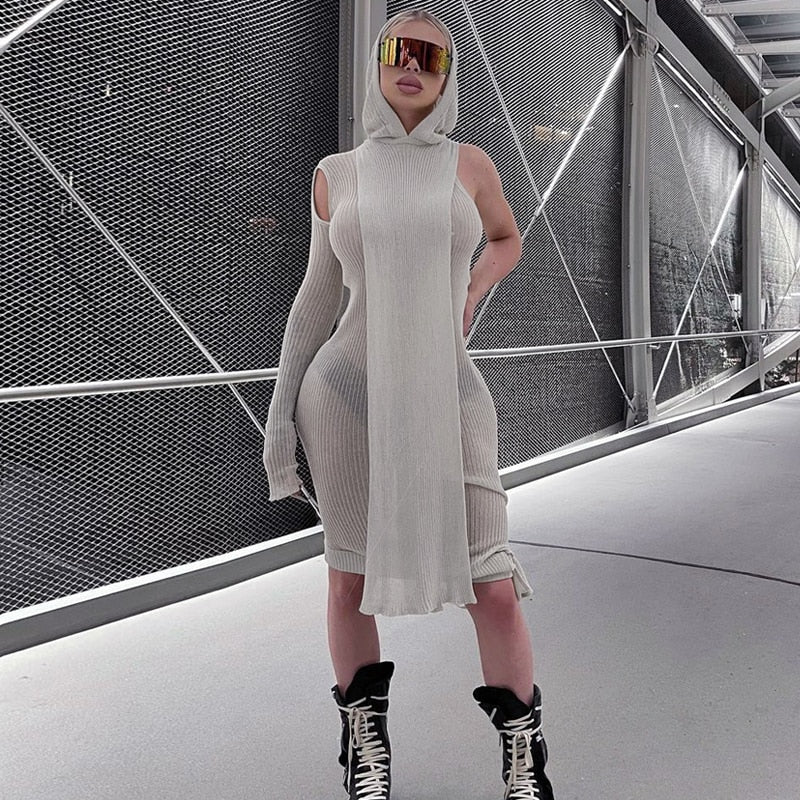 Fall Spring Clubwear Tight Dress One Sleeve Knit Asymmetric Midi Dresses Skinny Ribbed Hooded Streetwear Baddie Clothes - Deanwangkt