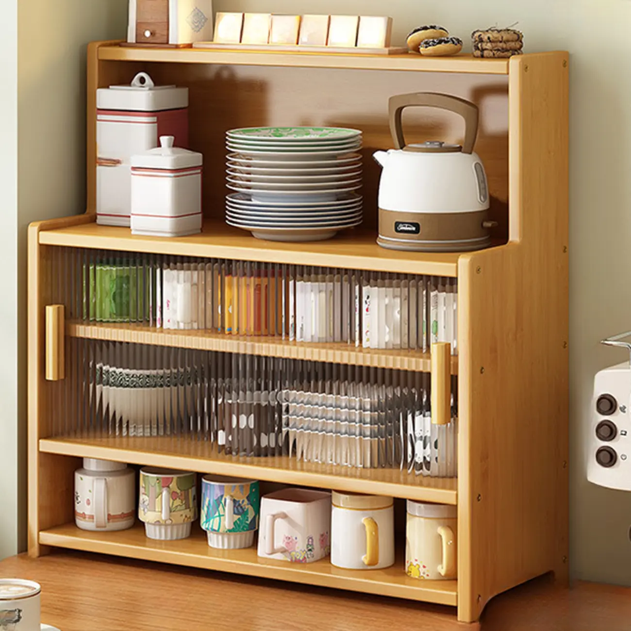 Modern Bamboo Narrow Buffet with Wood Countertop