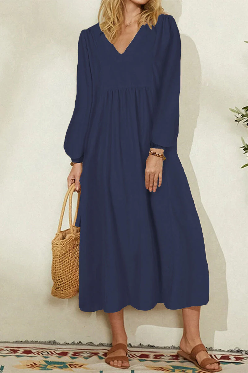 hulianfu Fashion Work Solid Fold V Neck Long Dress Dresses(4 colors) - Deanwangkt