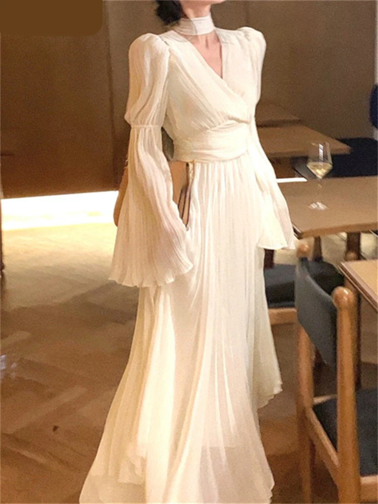 Hulianfu V Neck Flare Sleeve White Dress Fashion French Style Long Sleeve Dress for Women Elegant Chic Midi Vintage Dress - Deanwangkt