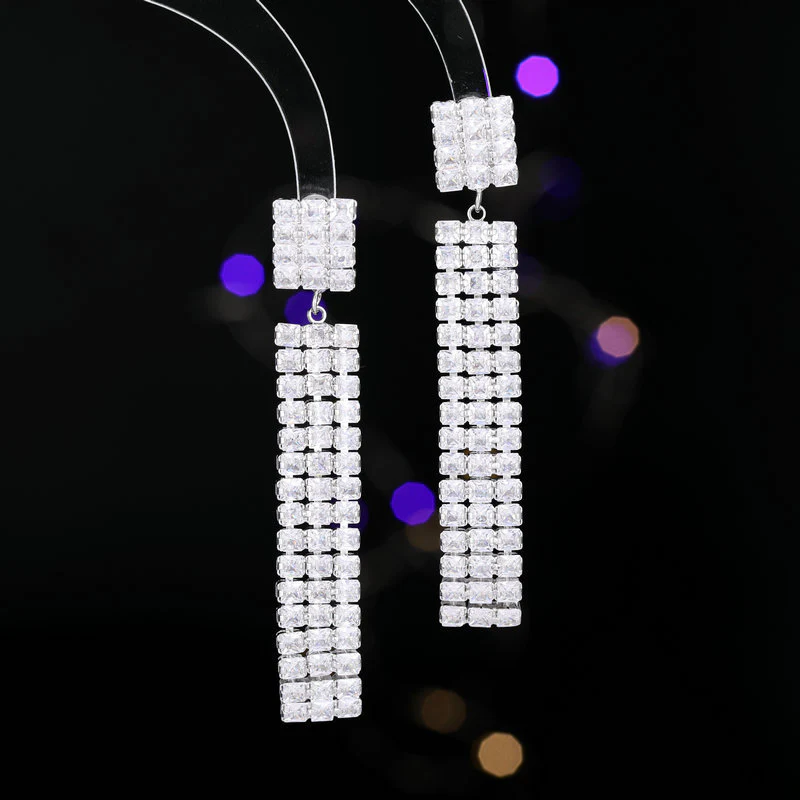 2025 Luxury high-end earrings wholesale, bright full zirconium inlaid banquet dress with long face-showing thin fringed earrings - Deanwangkt
