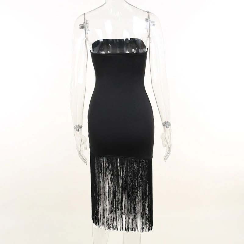 hulianfu Summer Fashion Black Tassel Sexy Tube Top Dress Outfits Women Elegant Evening Party Club Slit Bodycon Mini Dresses  Clothes - Deanwangkt
