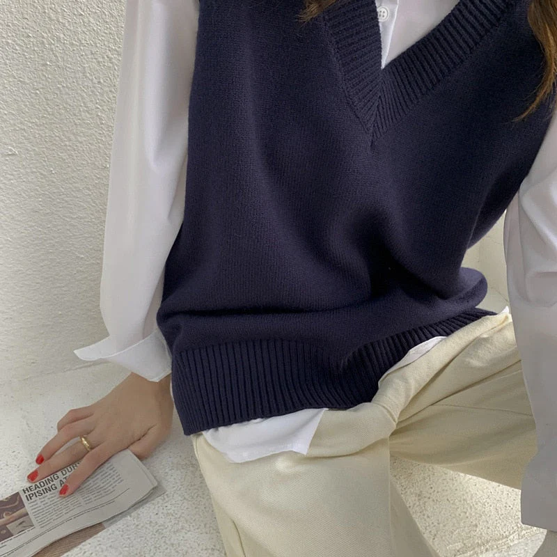 Autumn Women's Sweater Vest V-neck Sleeveless Irregular Casual Loose Knitted Pullover Tops Female Outerwear - Deanwangkt