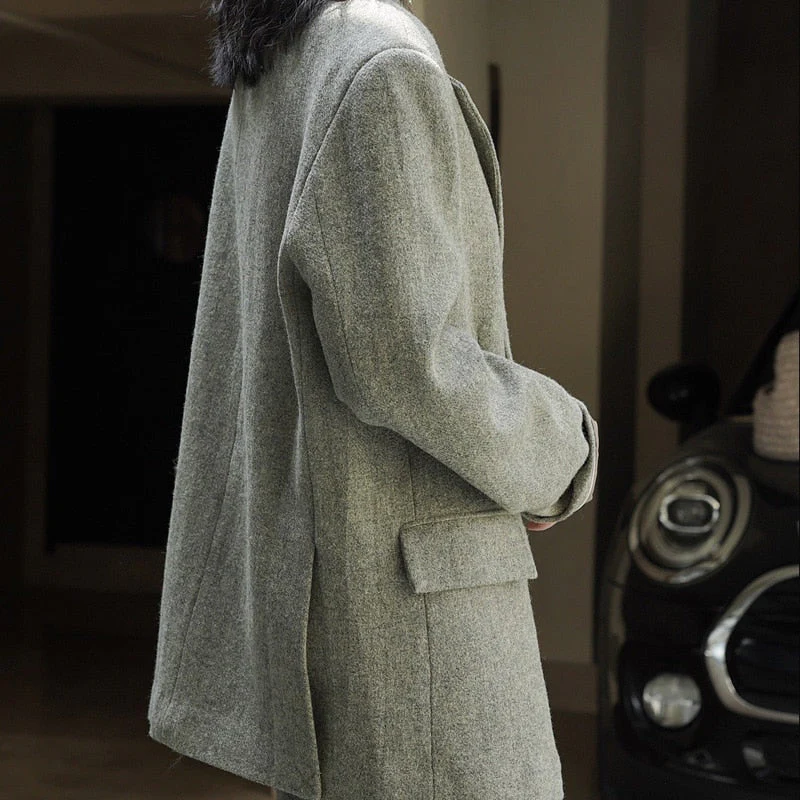 Hulianfu Fall Winter Women's Casual Coat Solid Color Single Breasted Pocket Decorative Loose Wool Blazer Jacket - Deanwangkt