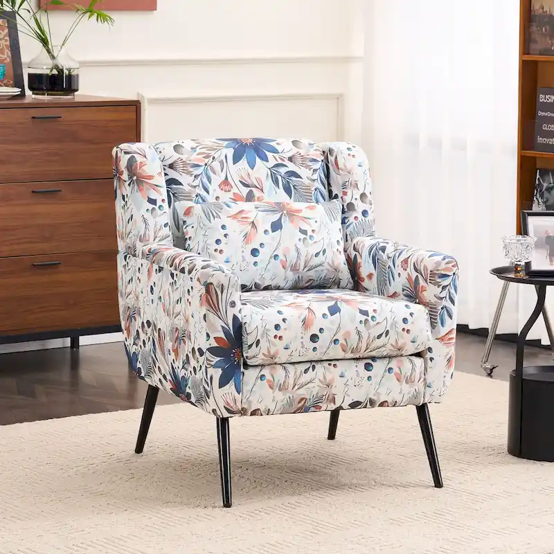 FERPIT Floral Print Accent Chair, Upholstered Reading Arm Chair For Living Room Bedroom With Adjustable Sturdy Metal Legs