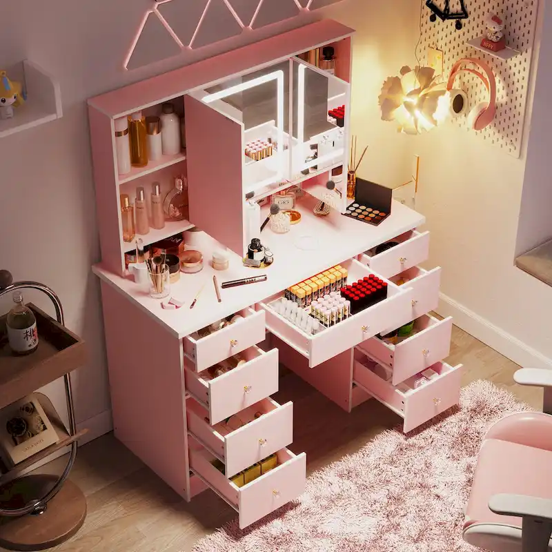 Makeup Vanity with 3-Color Lighted Mirror, Large Vanity Table Dressing